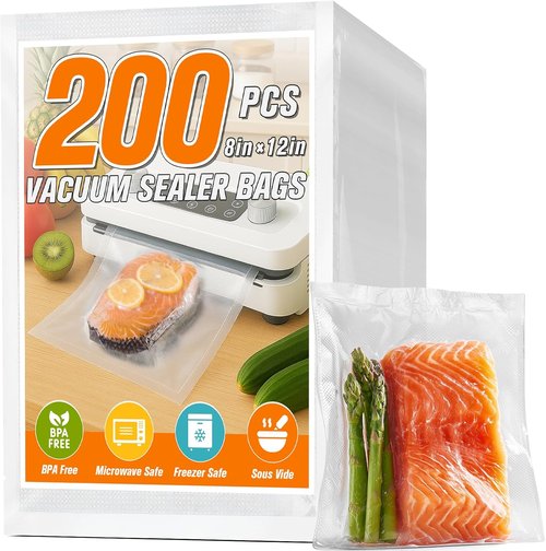 FUNFERY Vacuum Sealer Bags - Precut Food Storage, 200 Quart, 8" x 12", BPA Free for Sous Vide & Freezer Use