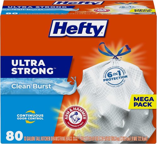 Hefty Ultra Strong 13 Gallon Trash Bags - Drawstring Closure & Odor Control | 80 Count, Clean Burst Scent