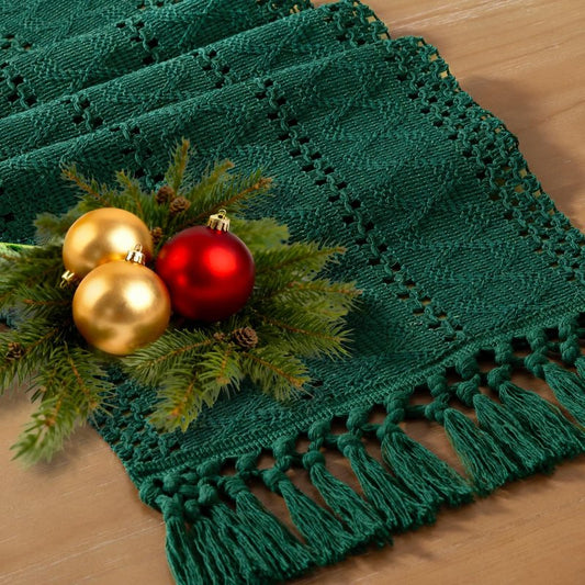 Socomi Boho Table Runner Summer Farmhouse Rustic Dining Kitchen Centerpiece Decor Small Macrame Woven Cotton Linen Coffee Table Runner for Dresser Scarf Home Decor 12x48 inch Emerald Green