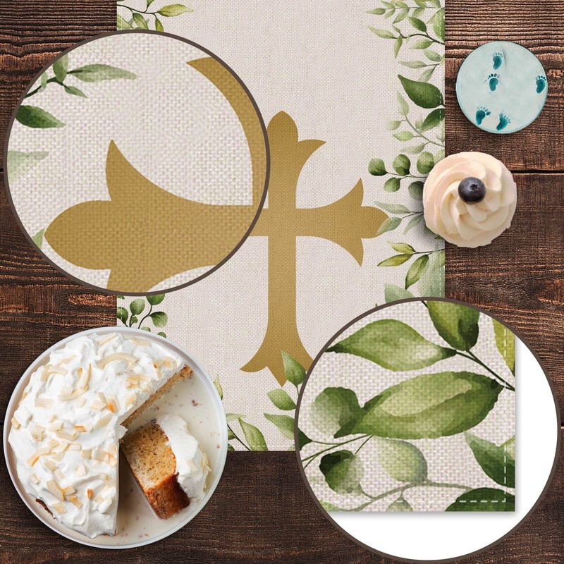Pudodo Baptism Table Runner God Blessed First Communion Christian Cross Baby Shower Party Kitchen Dining Home Decoration (13" x 72", Green)