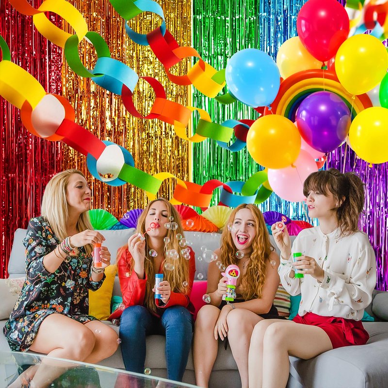 Rainbow Foil Fringe Curtains, 2 Pack 3.3x6.6ft Rainbow Metallic Tinsel Metallic Streamers Holiday Photo Booth Props Backdrop for Rainbow Birthday Wedding Bridal Shower New Years Party Decorations