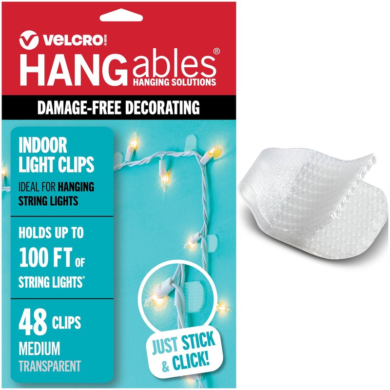 VELCRO Brand Indoor Light Clips for Hanging String Lights, Holds Up to 100 ft, Transparent Peel‑and‑Stick Wall Clips for Any Shape or Configuration, Damage‑Free and Removable, Pack of 48