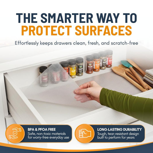 Shelf Liner Drawer Liner for Kitchen Cabinets Non-Adhesive by Linda’s Essentials (12 x 120 Inches) - Non-Slip Easy Clean Kitchen Cabinet and Cupboard Protector, Waterproof Mat, Clear Roll