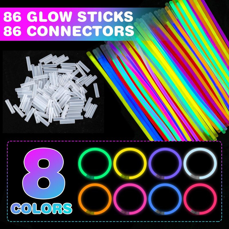 YixangDD 86 PCS Ultra Bright Glow Sticks, 8 Inch Glow Sticks Bulk Party Pack, Light Up Sticks for Glow Bracelets, Necklaces, Concerts, Christmas, Party Supplies with 86 Connectors