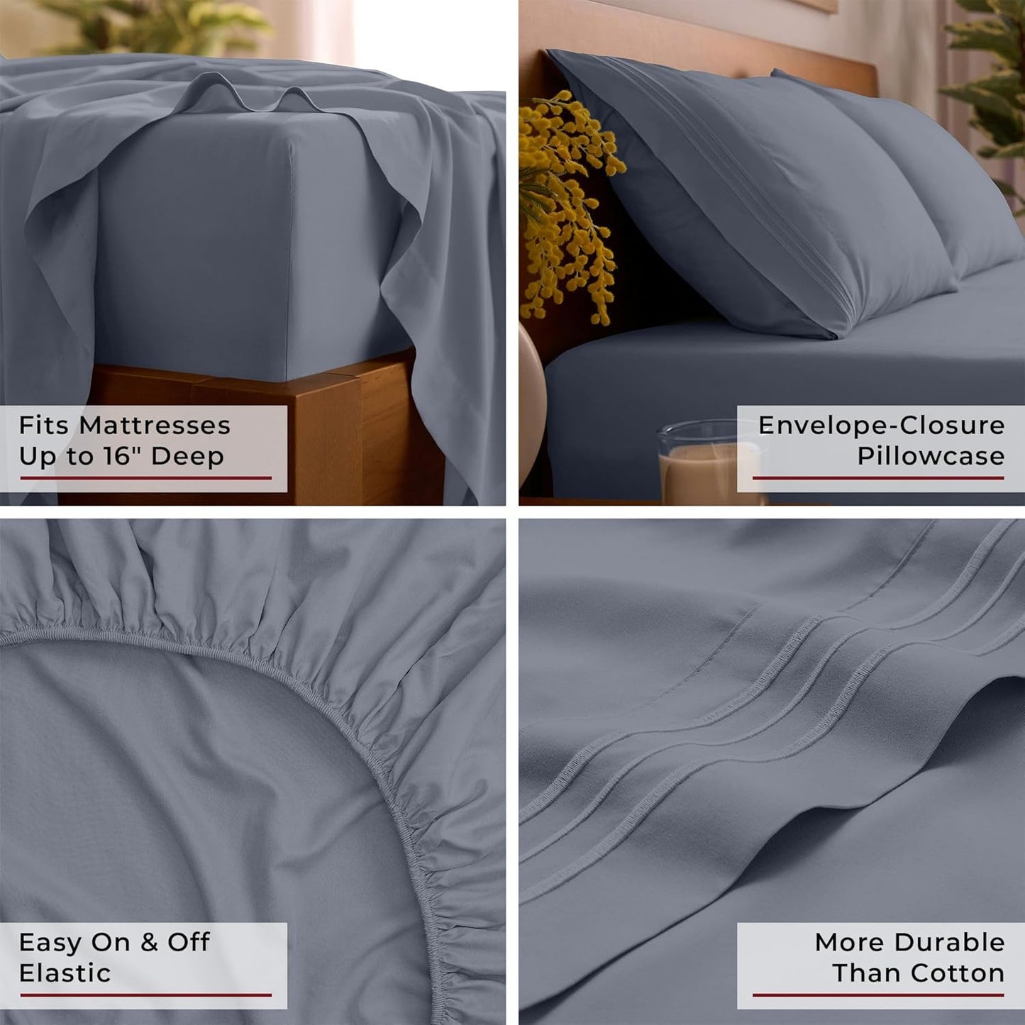 Mellanni Queen Sheets Set - Luxury 4 PC Bedding Collection | Extra Soft, Cooling, Wrinkle-Resistant (Mineral Gray)