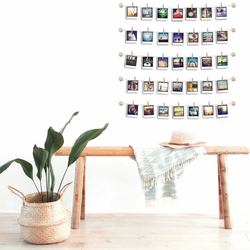 BIZYAC Hanging Photo Display Room Wall Decor - Sculptural Picture Frames Collage - 5 Strings with 30 Clips - 3M Self Adhesive Hooks - No Holes Drilling - 30 x 30 inch