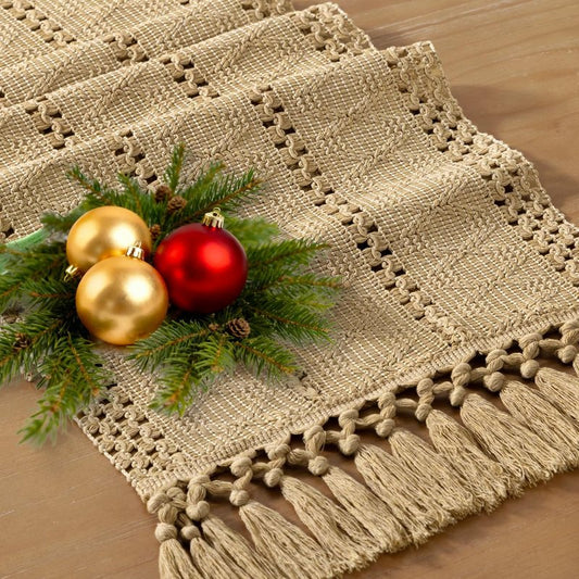 Socomi Boho Table Runner Macrame Summer Farmhouse Woven Cotton Linen Rustic Coffee Table Runner with Tassels for Dresser Scarf Home Decor Dining Room 12x90 inch Champagne