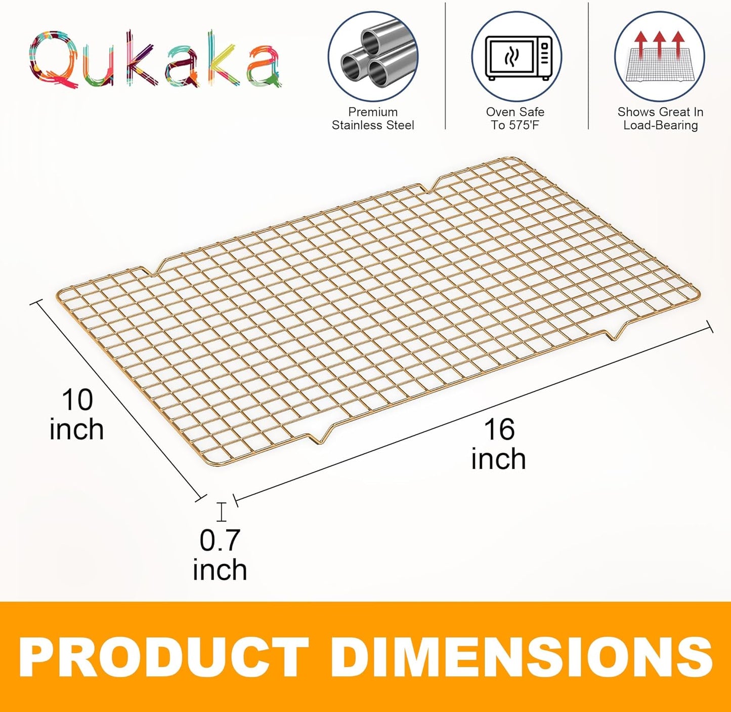 Skiennix Cooling Racks - Heavy Duty Stainless Steel Wire Rack for Baking & Grilling | 10" x 16" - Oven & Dishwasher Safe (Gold)