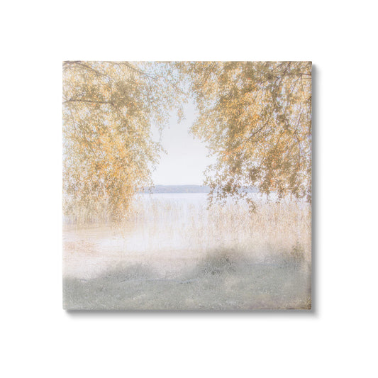 Stupell Industries Lake Shore Yellow Foliage Trees Distant Mountains, Design by Irene Weisz, White, 24 x 24