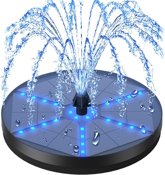 Skiennix Solar Bird Bath Fountain - Upgraded 4W Water Pump with 4000mAh Battery & 7 Nozzles | Colorful LED Lights for Garden & Pond