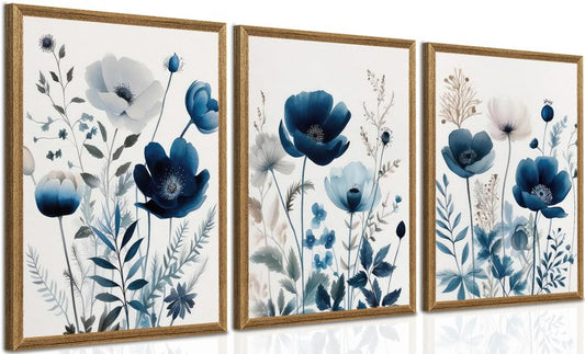 DUWQU 3 Pcs Blue Floral Canvas Wall Art, Wood Framed Navy Blue Wildflower Lily Daisy Wall Decor, Watercolor Botanical Flower Home Poster Art Prints for Living Room Bedroom Bathroom 16×24 Inches