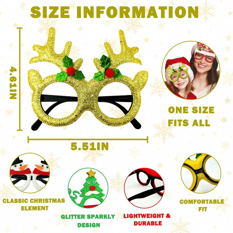 Christmas Glasses & Headband 12 Pack, Xmas Glitter Eyeglasses Frame & Headwear Accessories - One Size Fits All, Holiday Party Favor Supplies Classroom Game Prizes Gifts Photo Booth Props Outfit