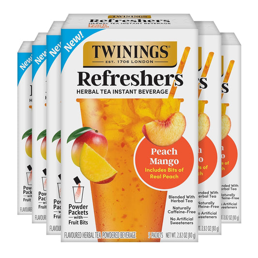 Twinings Peach Mango Herbal Tea | Instant Beverage with Real Fruit Bits | 30 Packets, Caffeine-Free Refreshment