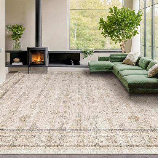 Regine Switzerland Washable Floral Area Rug - Stain Resistant, Foldable Design | 10x14 ft, Light Beige