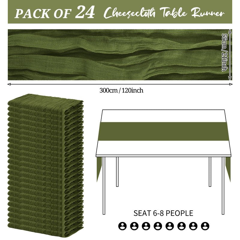24 Pack Cheesecloth Table Runner 20 x 120 inch Cheese Cloth Table Runner Bulk,Romantic Boho Sheer Gauze Fabric Table Runners for Wedding Reception,Party,Bridal Shower Table Decor(Olive Green)