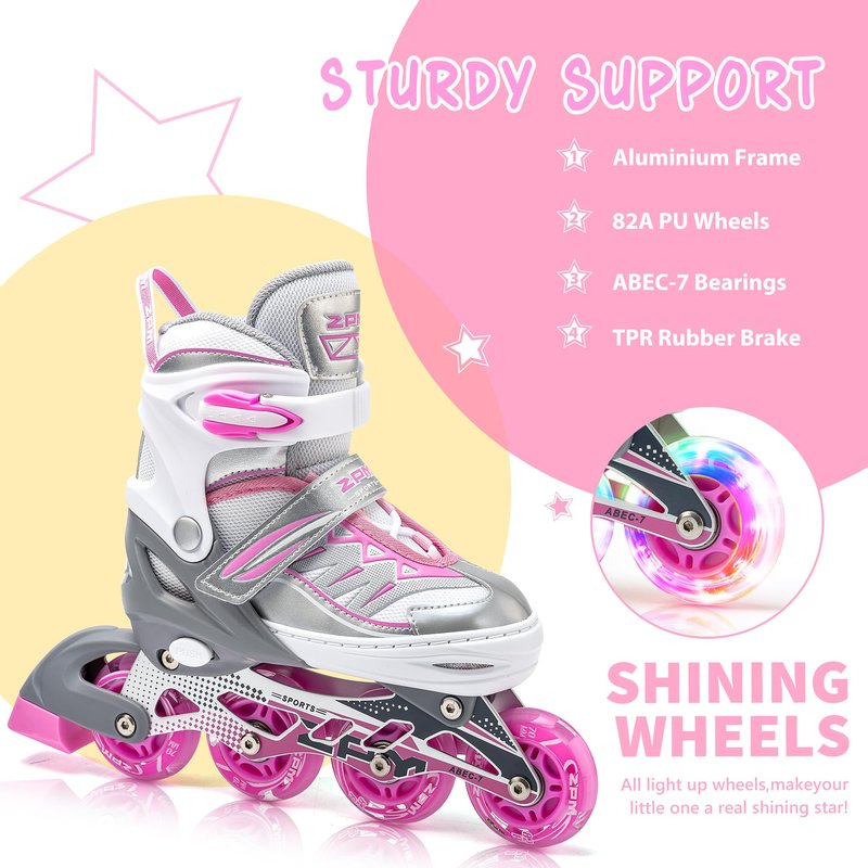 2PM SPORTS Cytia Pink Girls Adjustable Illuminating Inline Skates with Light up Wheels, Fun Flashing Beginner Roller Skates for Kids (Silver, Small - Little Kids (10C-12.5C US))