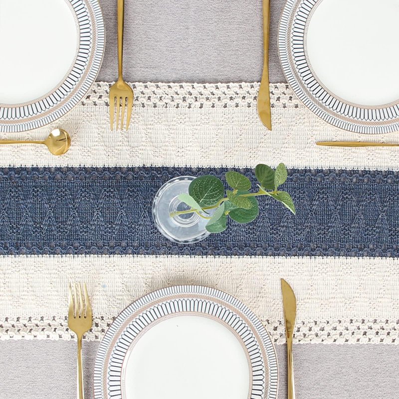FEXIA Boho Table Runner 90 Inches Long with Tassels Farmhouse Rustic Cream & Blue Macrame for Dining Bedroom Baby Bridal Shower Decor(12x90 Inches)