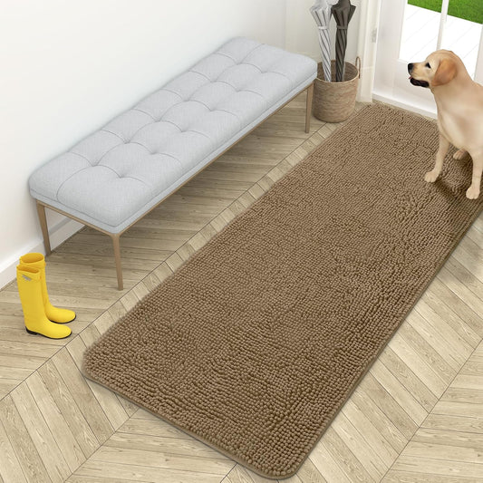 OLANLY Dog Door Mat - Absorbent Non-Slip Chenille Mat for Muddy Paws | 59x24 Tan Indoor Carpet