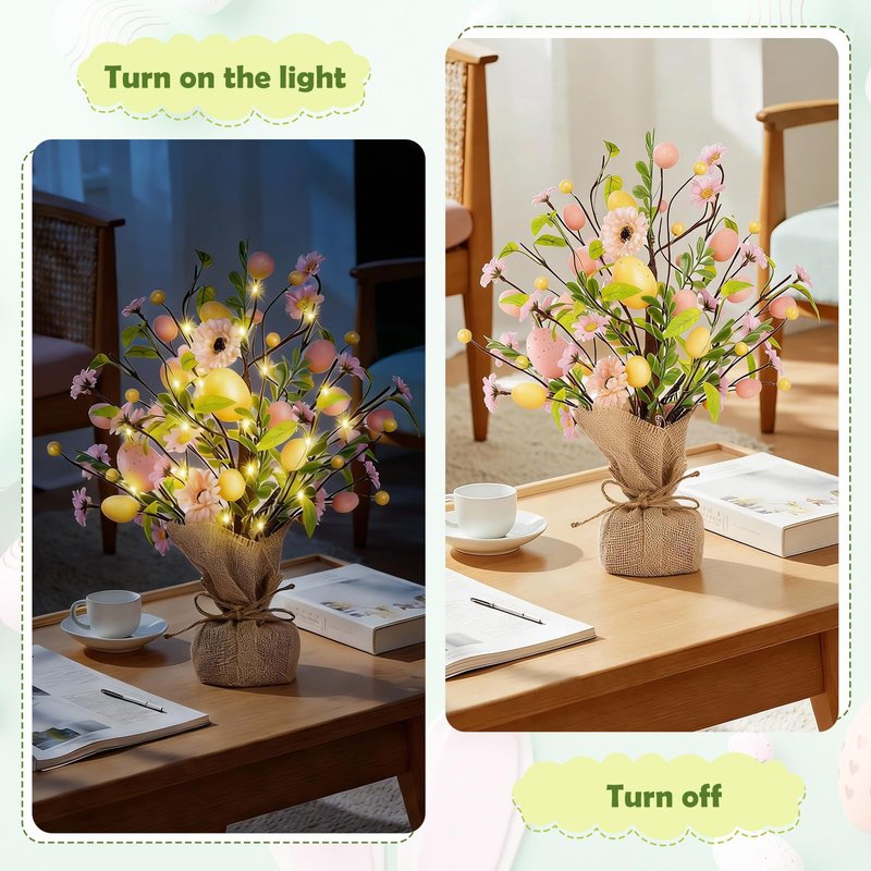 Easter Decorations, Pre-Lit Easter Egg Tree Tabletop Decor with Delicate Ornaments, for Home Easters Party Wedding Holiday Spring Summer Kitchen Dining Table Decor (Pink)