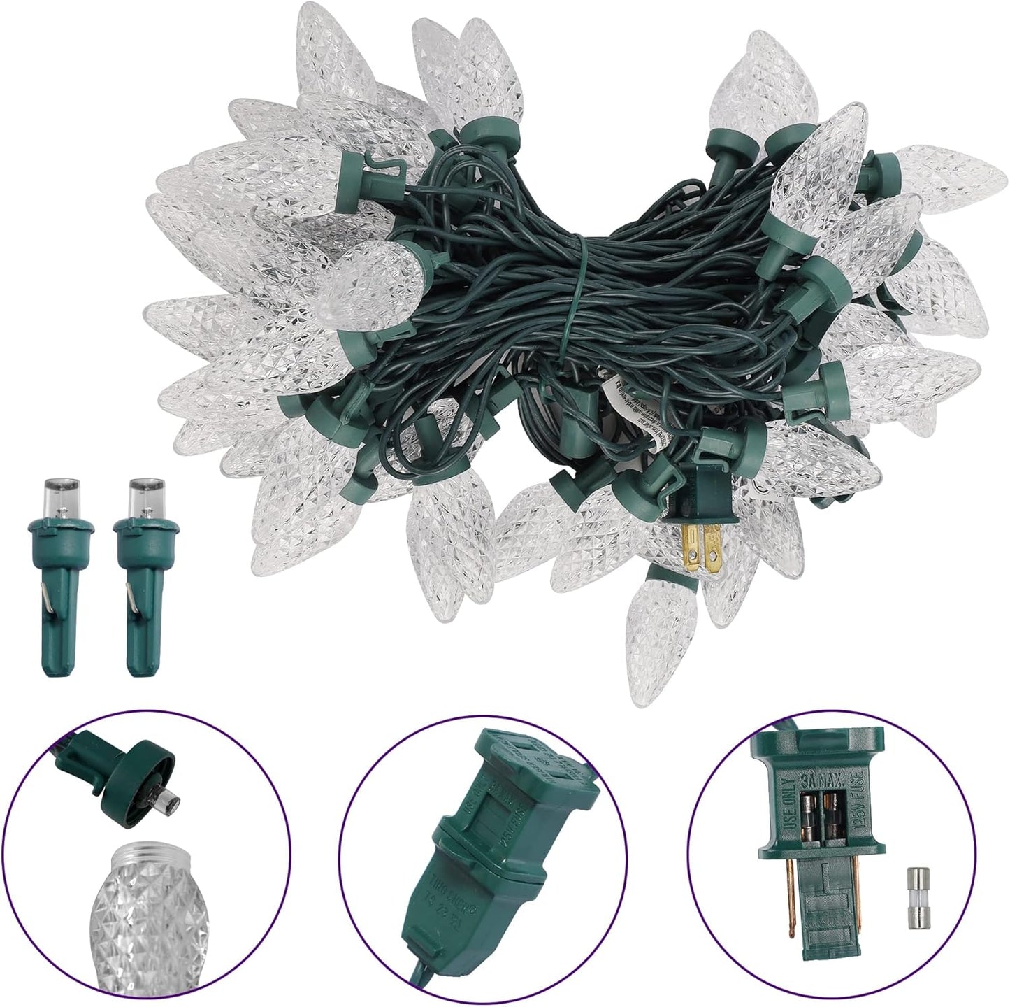 C9 Christmas Lights - 50 LED Faceted String Lights | 24.5 FT Connectable Indoor/Outdoor, Warm White