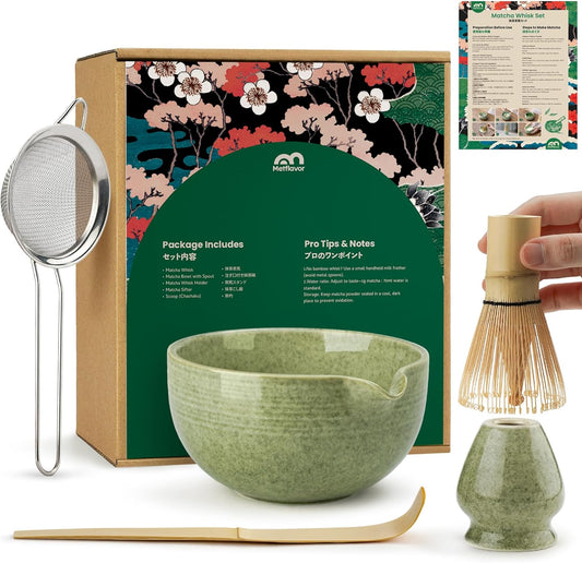 Skiennix Matcha Whisk Set - Complete 5-Piece Kit with Ceramic Bowl, Bamboo Chasen & Stainless Steel Sifter
