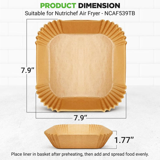 NutriChef 50-pcs Air Fryer Paper Liners - Square Disposable Parchment Liner | Non-Stick, Oilproof & Waterproof | Fits 5.8 QT Glass Pot | Airfryer Liners for Air Fryers, Ovens, Grilling & Baking