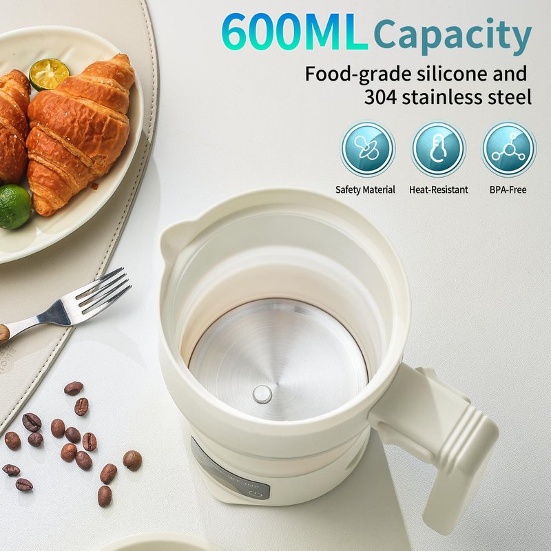 UPEZAN Travel Electric Kettle - Collapsible Portable Electric Kettle, 600W Foldable Small Water Boiler with 4-Temp Presets, Food Grade Silicone for Hotel, Office, Camping, 600mL, Beige
