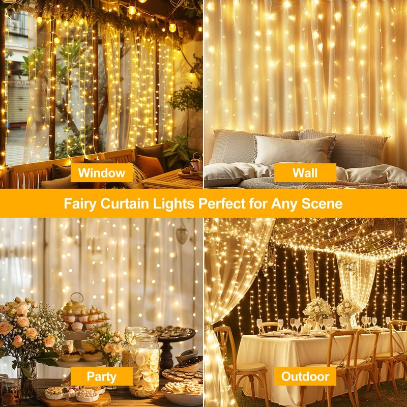 HOLITS 2 Pack 300 LED Fairy Curtain Lights, 9.8 x 9.8FT Warm White USB Plug in 8 Modes String Hanging Lights with Remote for Christmas, Bedroom, Indoor, Outdoor, Weddings, Party (Warm White)