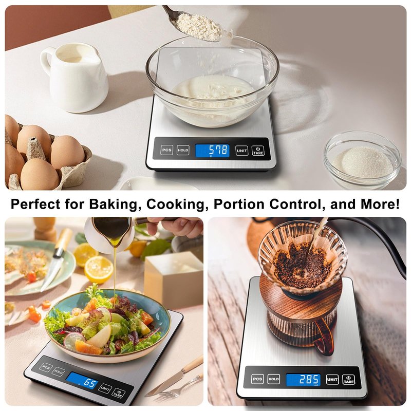 Fuzion Food Scale, 1g/0.1oz Digital Kitchen Scale - 22lb, 7 Units, Tare & PCS, Rechargeable Power, Tempered Glass & Stainless Steel - Food Weight Scale Grams and Ounces for Cooking, Baking
