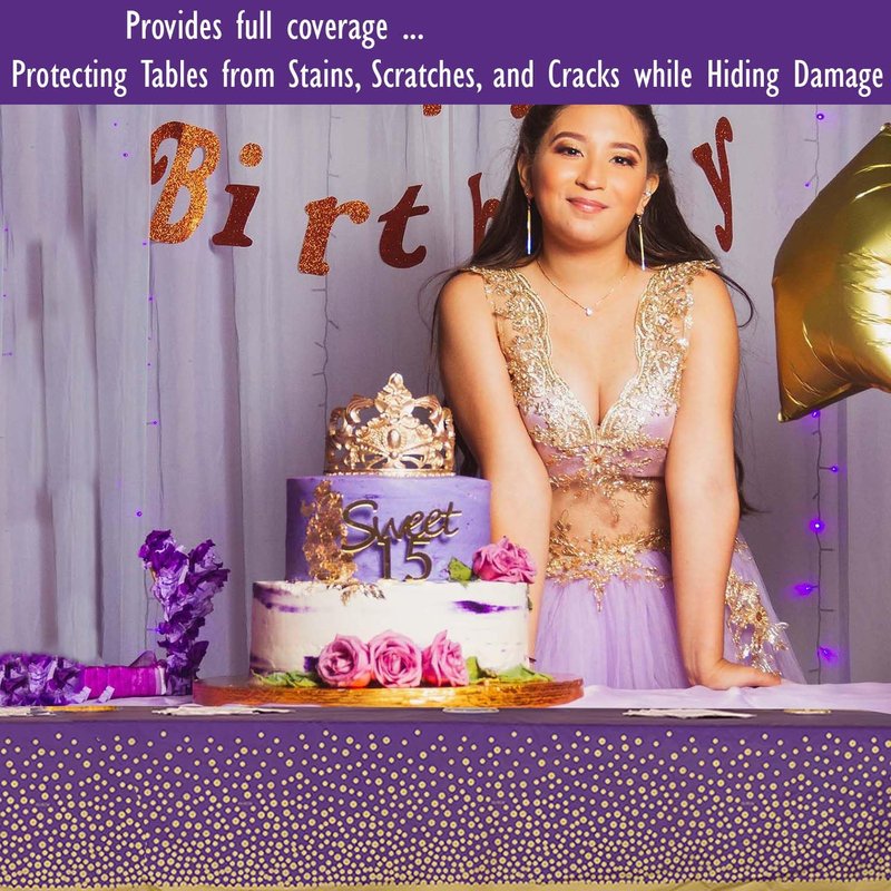 ZULADISE 2 Pack Premium Purple and Gold Plastic Tablecloths – Thick, Durable, Reusable Table Covers (54 x 108 in) – Stylish Party Decor for Birthday, Rapunzel, Tangled, Purple Birthday Decorations