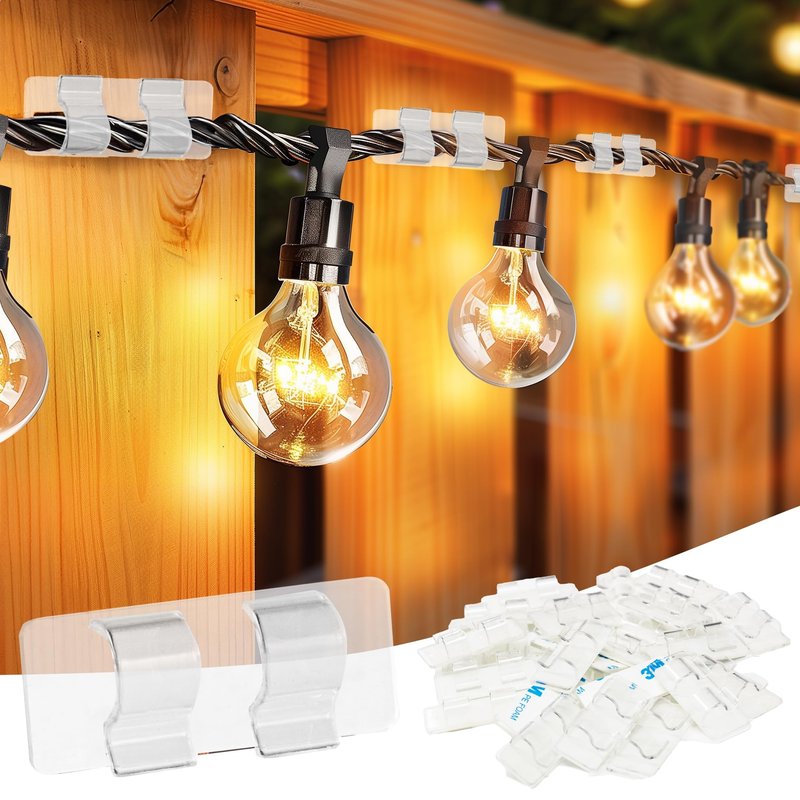 Dazzle Bright Hooks for Outdoor String Lights Clips, 60Pcs Heavy Duty Cable Clips Waterproof Adhesive Strips for Hanging Christmas Light, Outside UV-Resistant Clear Sticky Cord Holders Rope Organizer