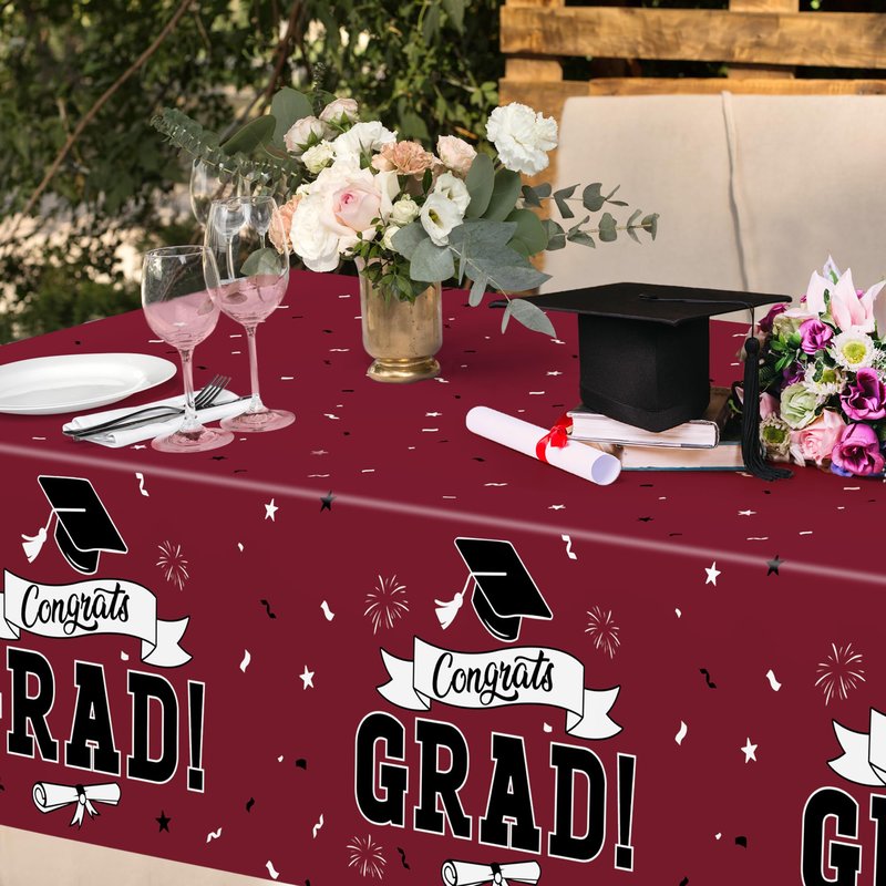 QZYL 2 PCS Graduation Decorations 2026, 108" X 54" Maroon Graduation Table Cloths, Rectangle Table Cloths for Class of 2026 Congrats Grad, Disposable Plastic Tablecover for Grad Decor Party Supplies