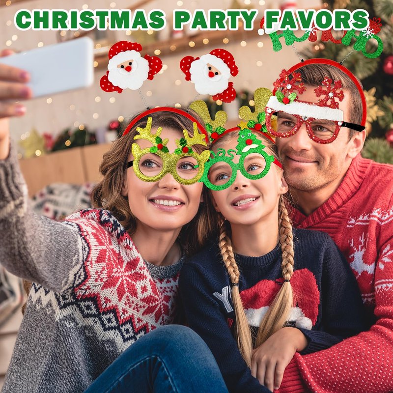 Christmas Glasses & Headband 12 Pack, Xmas Glitter Eyeglasses Frame & Headwear Accessories - One Size Fits All, Holiday Party Favor Supplies Classroom Game Prizes Gifts Photo Booth Props Outfit