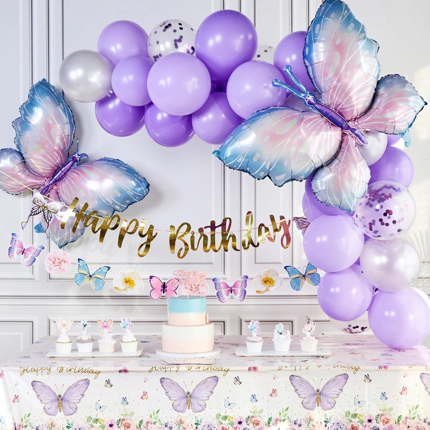 Butterfly Birthday Decoration - Purple Party Decor with Balloons & Happy Birthday Banner | 3D Stickers & Tablecloth
