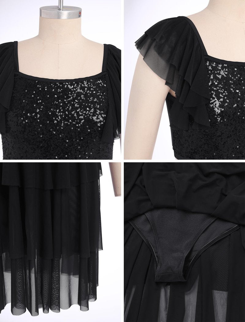 Lyrical Dance Dress for Women Ruffle Sleeve Square Neck Sparkly Sequins Crop Top Tiered Chiffon Midi Skirt Teen Girl Contemporary Dance Outfits Ballerina Dance Dress Black S