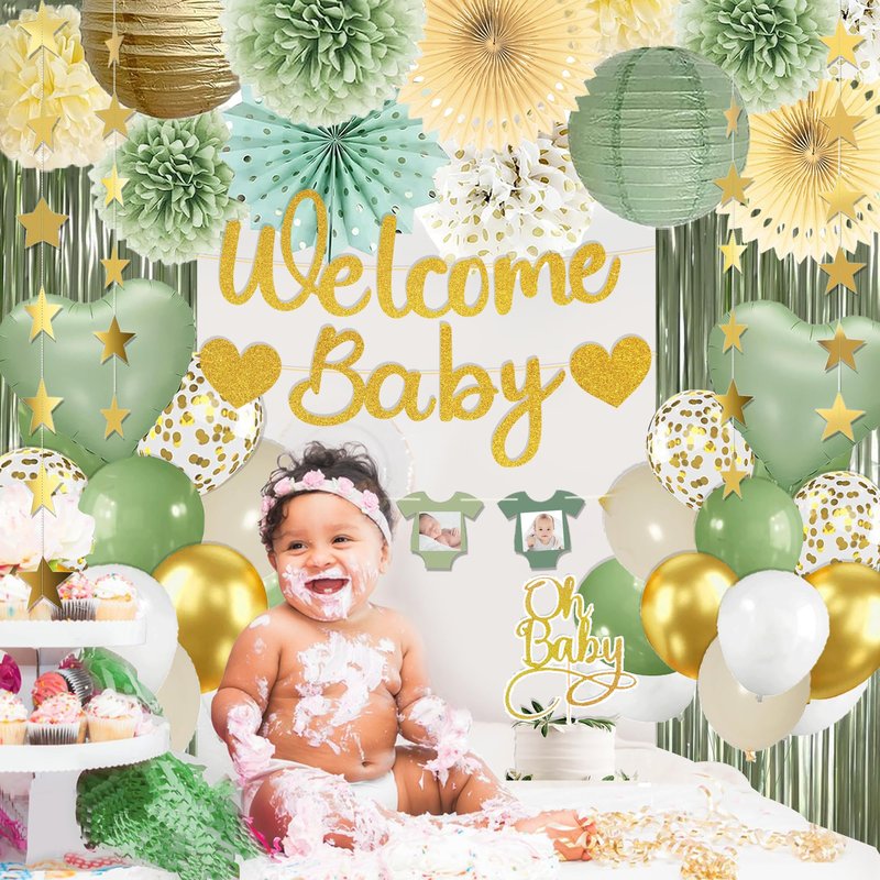 Sage Green Baby Shower Decorations - Gender Neutral Baby Shower Decor Set with Welcome Baby Banner, Tissue Pom Poms, Paper Lanterns, Flower Fans, Balloons, "Oh Baby" Cake Topper & Star Garland