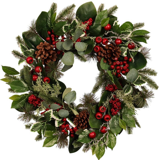 Pudate 22-Inch Artificial Christmas Wreath with Pinecones, Red Berries, and Magnolia - Holiday Door Wreath for Indoor Outdoor, Winter Christmas Decor for Front Door, Fireplace, or Wall Display