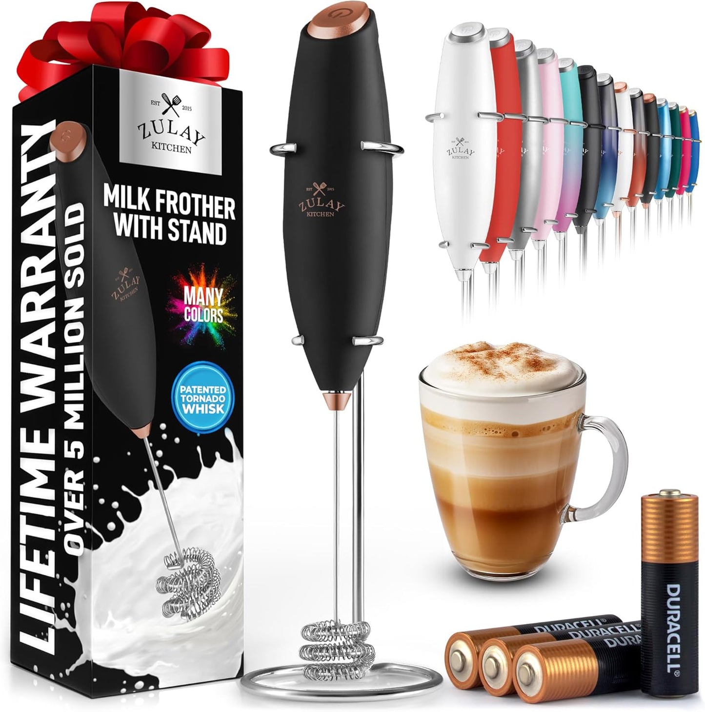 Zulay Kitchen Tornado Triple Whisk Milk Frother - Handheld Foam Maker for Coffee & Lattes - Black & Copper