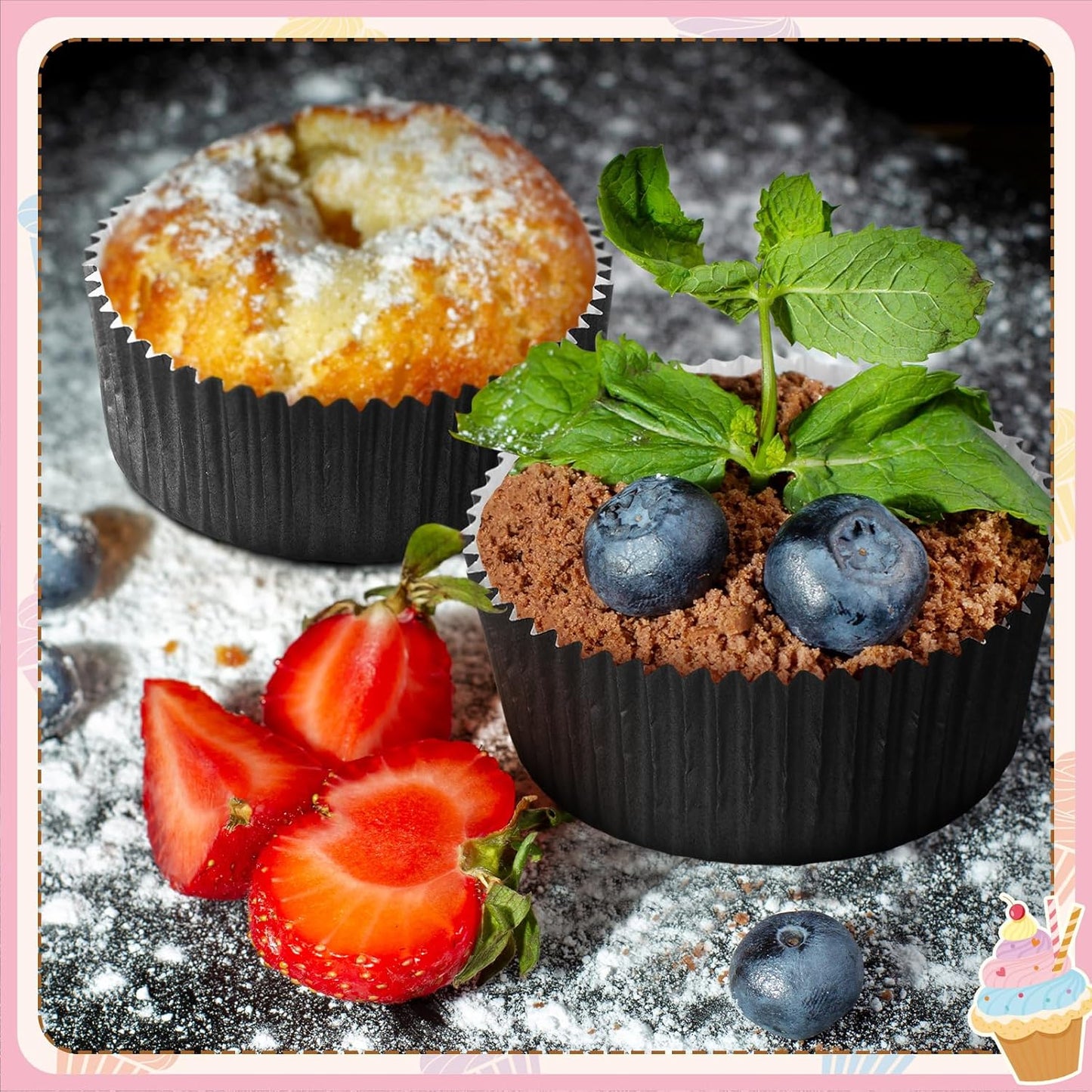 Uiifan Disposable Round Cupcake Liners - Microwave Safe Baking Cups for Snacks & Cakes | Black, 50 Pcs