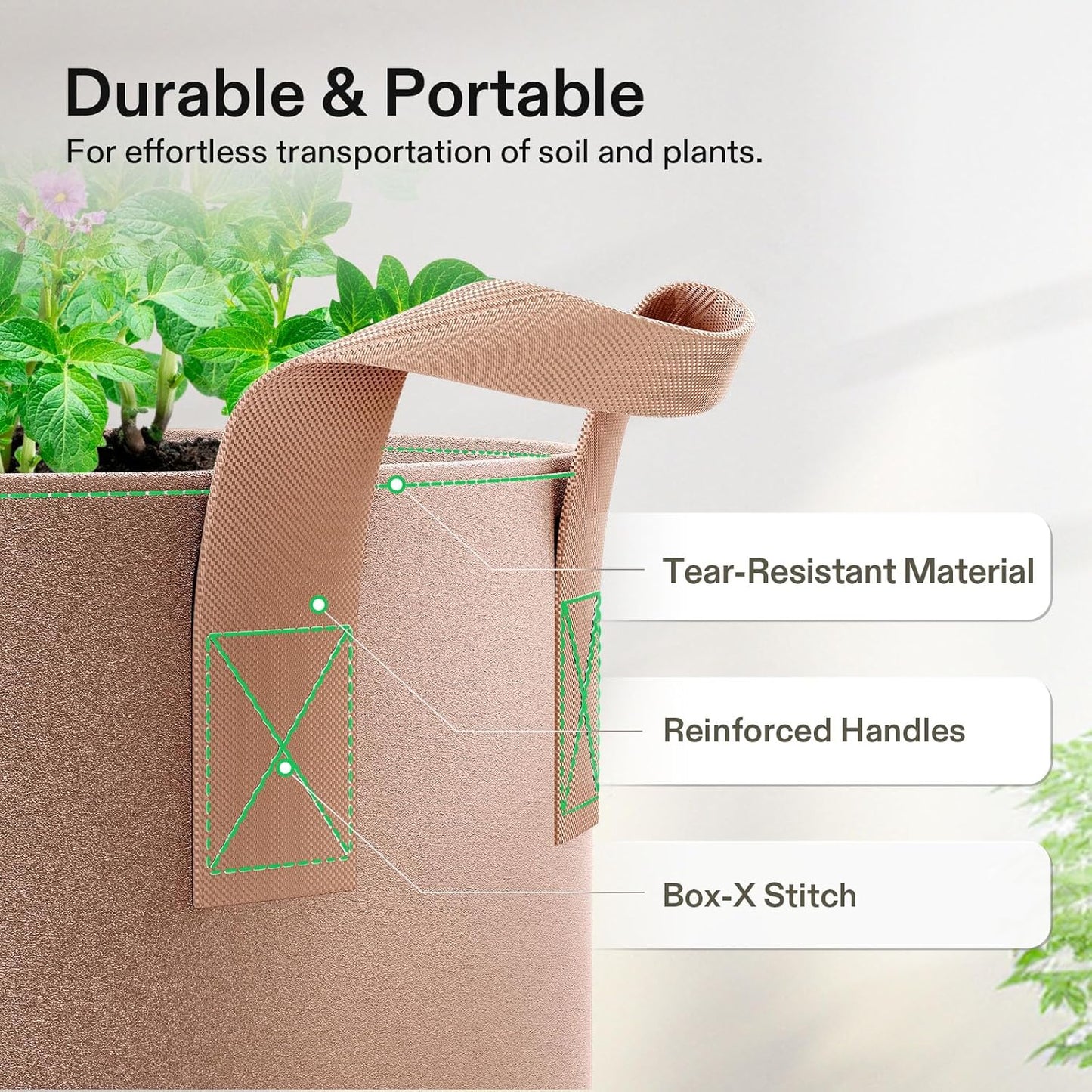 VIVOSUN 15 Gallon Heavy Duty Grow Bags - Thickened Nonwoven Fabric Pots with Strap Handles | Tan - 5-Pack
