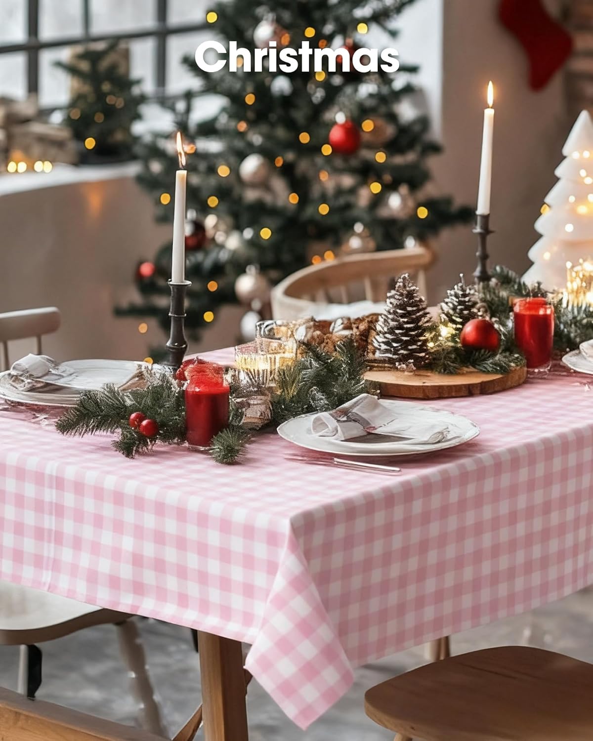 Pureegg Disposable Plastic Tablecloths - Sturdy 54 x 108 Inch Gingham Design, Pink & White Checkered, 8 Pack