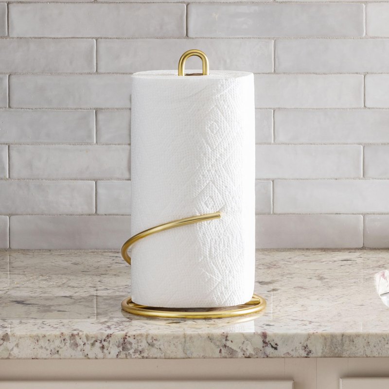 Spectrum Euro Gold Paper Towel Holder Countertop Kitchen Organizer Roll Stand Dispenser with Easy Tear Arm, Weighted Sturdy Base Fits Standard Jumbo Rolls Modern Design Durable Construction