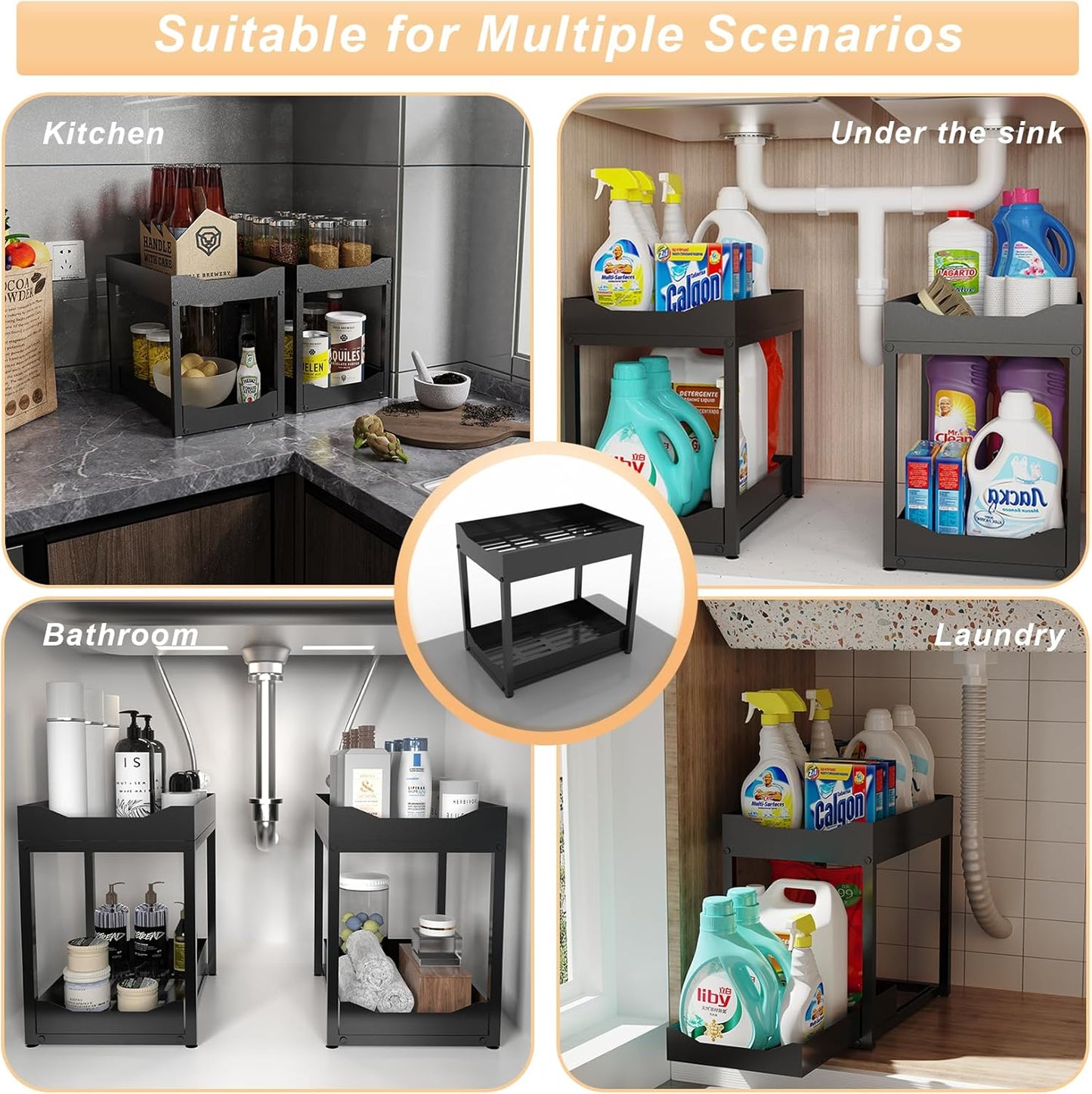 Skiennix 2-Tier Bathroom Organizer - Metal Under Sink Storage with Pull-Out Drawers | Black, 2 Pack