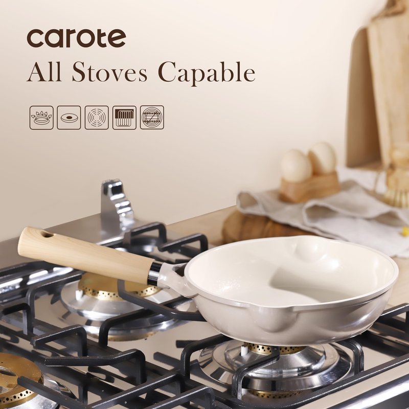 CAROTE 8" Ceramic Frying Pan Skillet, Non Stick Frying Pan Chef's Pan, Healthy & PFOA/PFAS Free, Induction-Compatible, Taupe