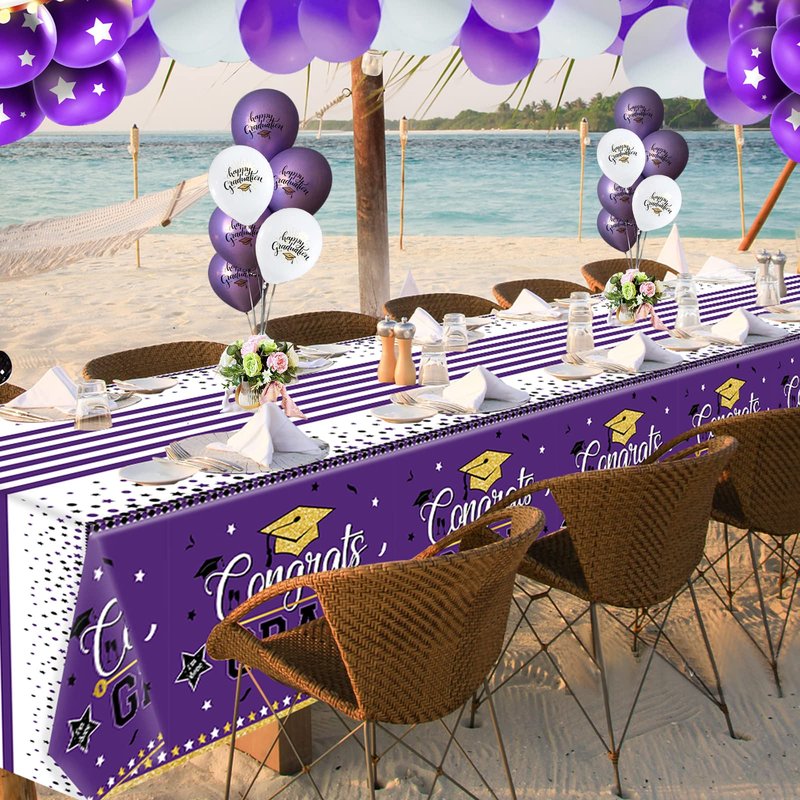 Graduation Tablecloth Party Decorations, 3 Pack Class of 2026 Congrats Grad Purple Graduation Party Tablecover Rectangle Plastic Table Cloth Disposable Table Covers Party Supplies, Large Size 54"x108"