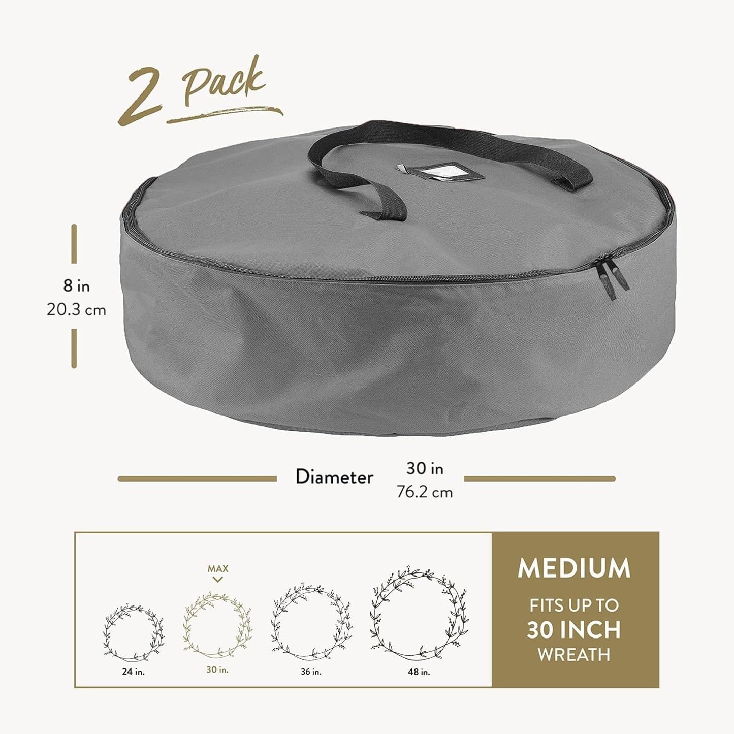 ZOBER Oxford Christmas Wreath Storage Bag - 30 Inch Waterproof Container with Dual Zippers & Durable Handles - Gray