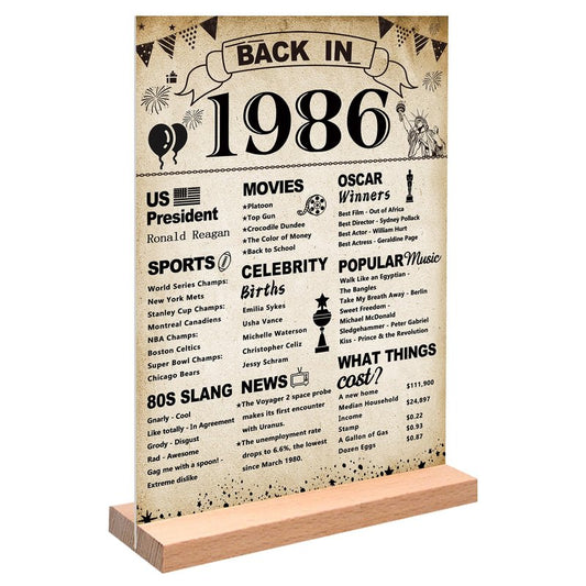 DARUNAXY 40th Birthday Party Decorations, Vintage Back in 1986 Poster Acrylic Sign with Stand 40 Year Old Party Supplies for Men& Women Vintage 1986 Table Decor 40th Anniversary Class Reunion Gifts