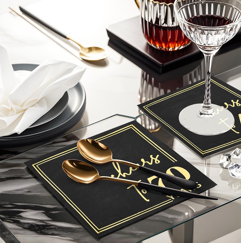Ottin Black Cheers to 70 Years Cocktail Napkins, 5x5 Inches, 50 Counts, 3-Ply Disposable Party Napkins for 70th Birthdays Decorations, Anniversaries, Weddings, Indoor & Outdoor Celebrations, Gold Foil