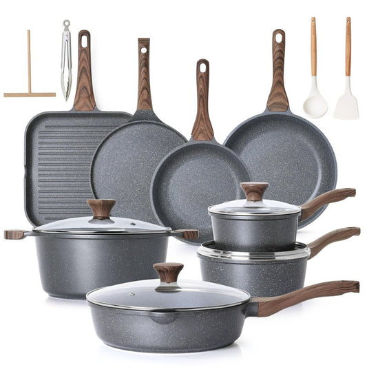 SENSARTE Nonstick Granite Cookware Set, 23 PCS Pots and Pans Non Toxic, PFOA & PFOS Free, Healthy Non Stick Granite Stone Coating Kitchen Cooking Set with Stay-Cool Handles, Gray