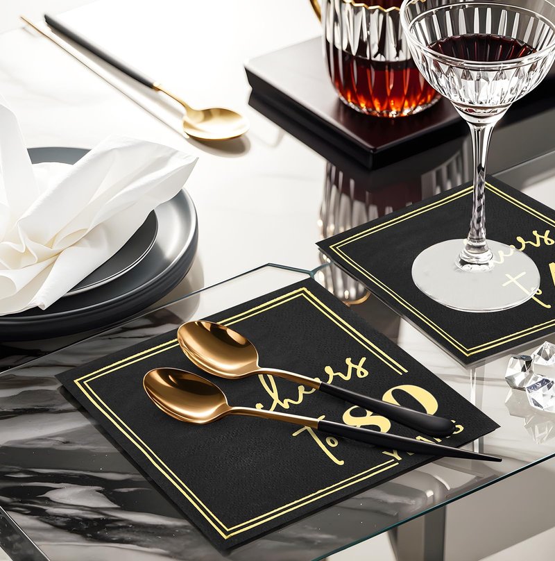 50 Count Black and Gold 80th Birthday Cocktail Napkins 5x5 Inch - Cheers to 80 Years 3-Ply Disposable Party Napkins for Anniversary, Wedding - Elegant Foil Accent Indoor Outdoor Celebrations